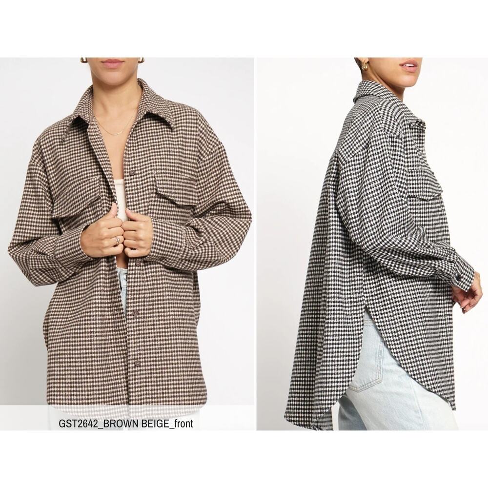 Sans Souci Women's Houndstooth Flannel Shacket Blouse Shirt Size Large Brown